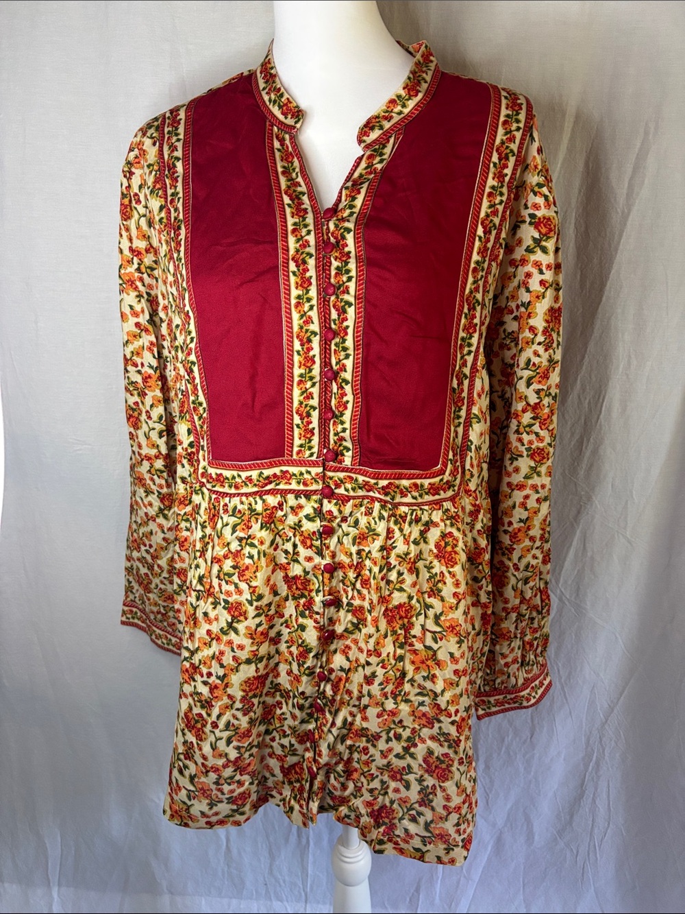 Woman Within Cream Floral Peasant Boho Blouse with Red Accents (131)